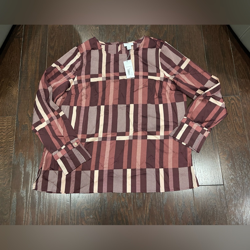 Liz Claiborne Women Pink Maroon Plaid Blouse Size XLARGE Tall NEW